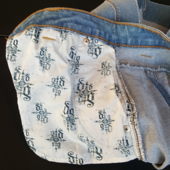 DECREE ♡ Sweet 'n Sexy Distressed Gold Thread Zip Pockets Blue Jean Mini Skirt 3 - Picture 10 of 15